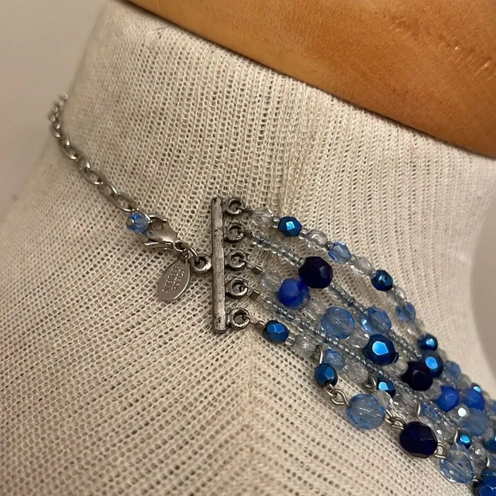 Vintage CZECH REPUBLIC 5 Strand Bib Statement Necklace Blue Cut Glass Beads - Picture 8 of 15